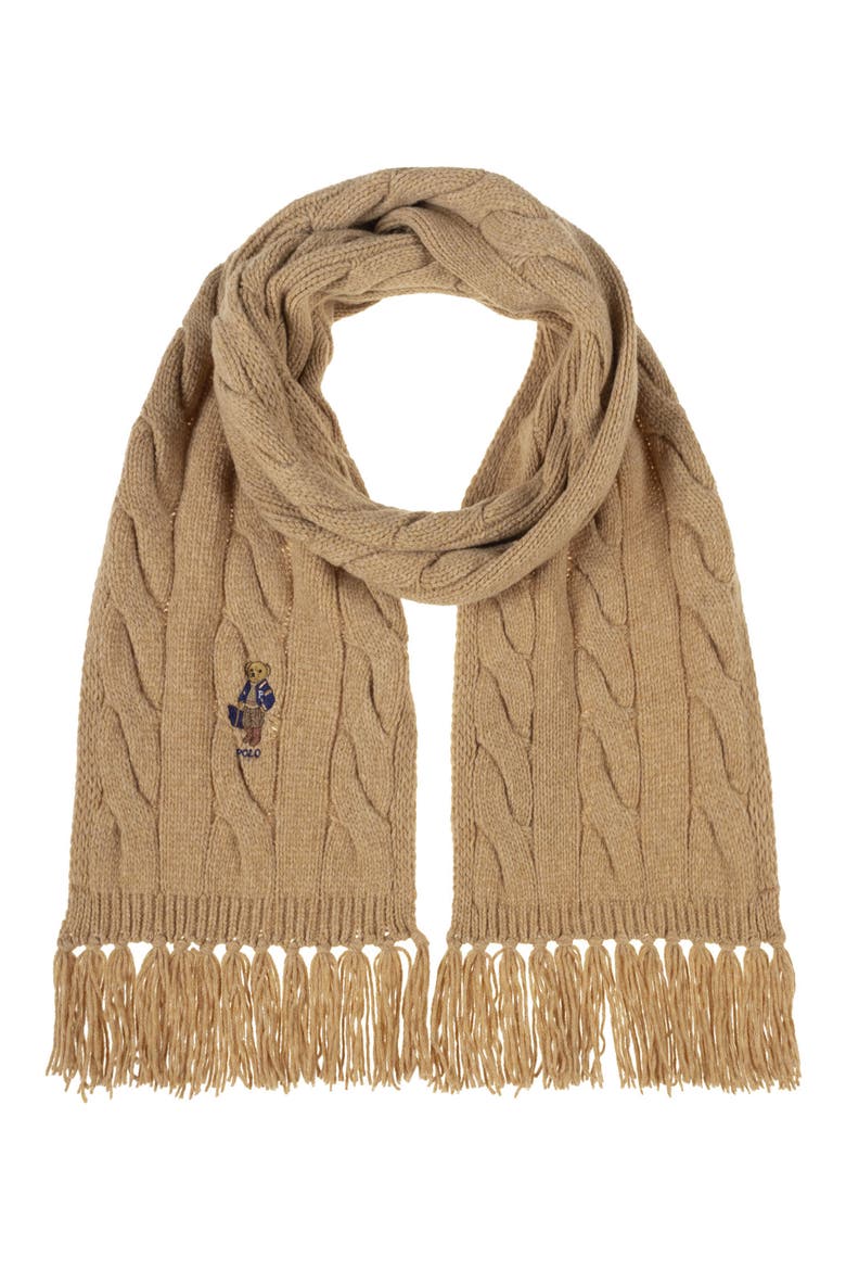 Polo Bear Wool Blend Cable Knit Scarf, Main, color, CLASSIC CAMEL