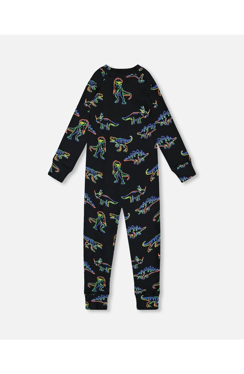 Deux par Deux Little Boy's One Piece Thermal Underwear Black Printed Neon Dino, Alternate, color,
