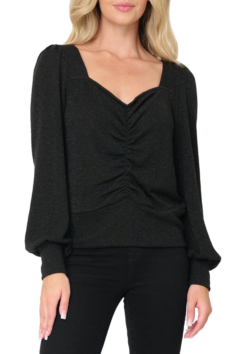 V-Neck Ruched Knit Top, Main, color, BLACK