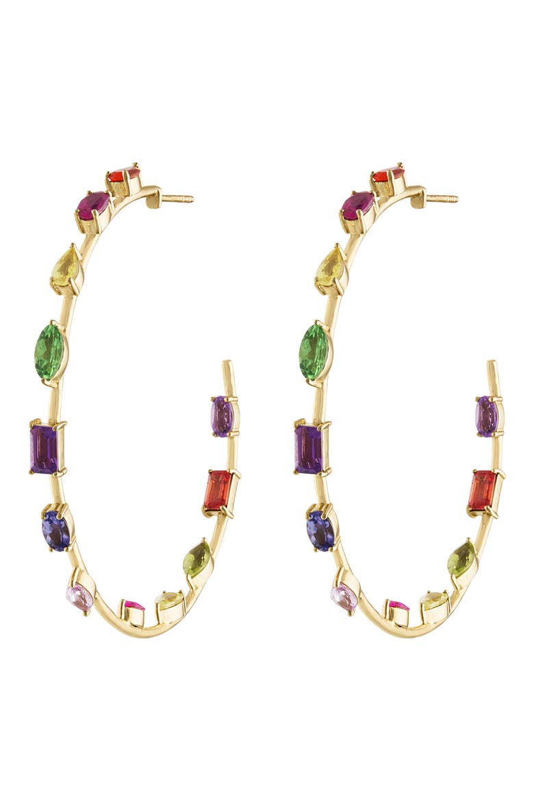 Large Goddess Rainbow Sapphire Hoop Earrings, Main, color, YELLOW GOLD/ MIXED STONE