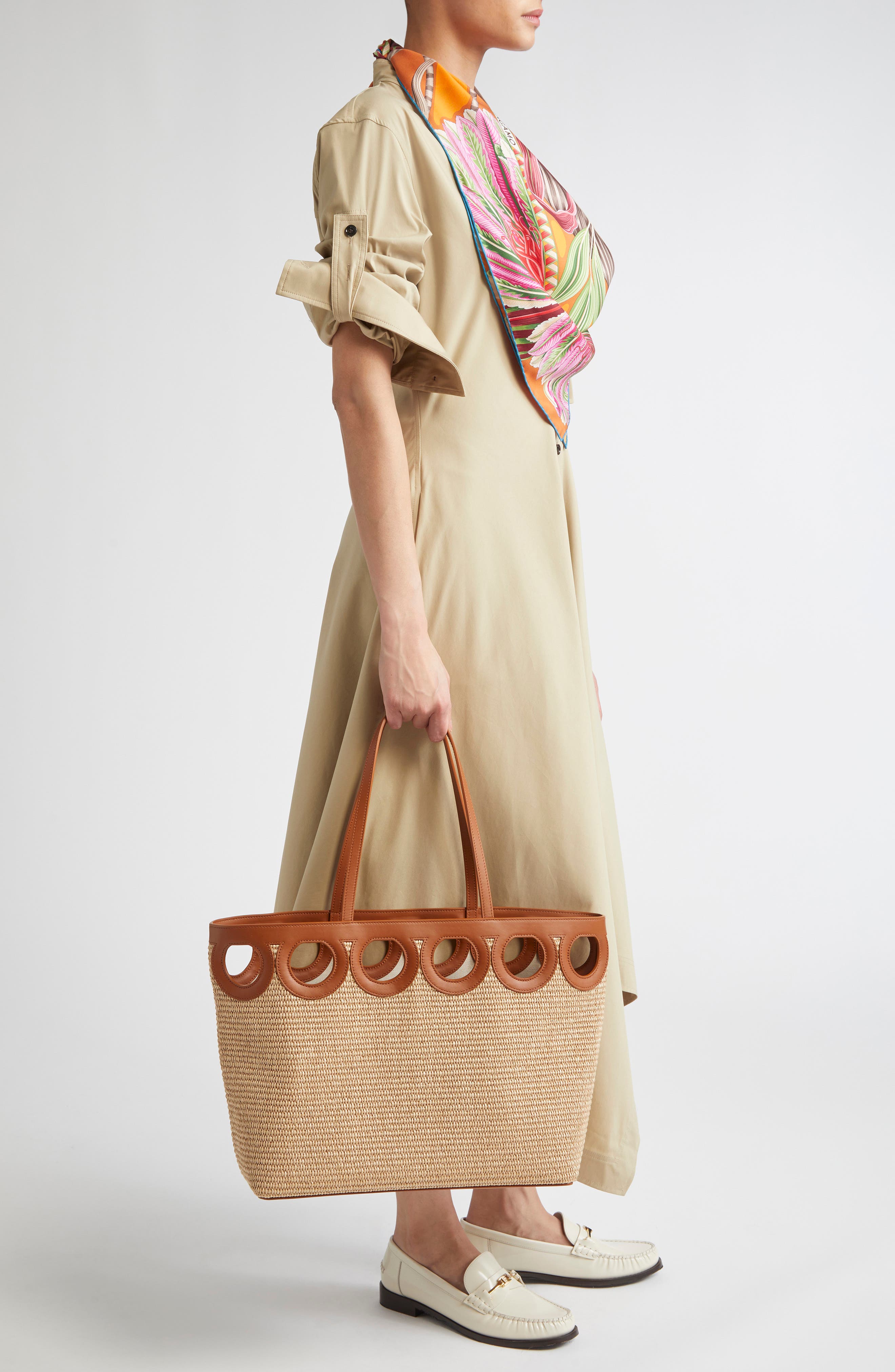 Medium Gancini Frame Perforated Raffia & Leather Tote, Alternate, color, NATURALE/ RESORT