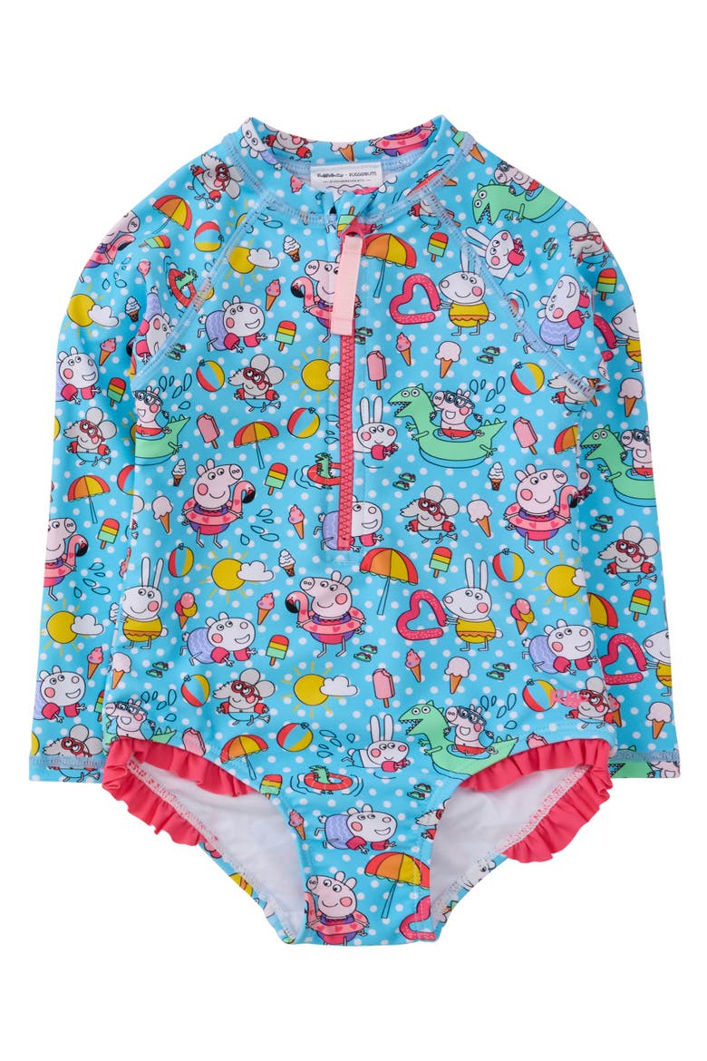 Peppa Pig & Friends Long Sleeve Zipper Rash Guard One Piece Swimsuit, Main, color, Pool Polka Peppa Pig & Friends