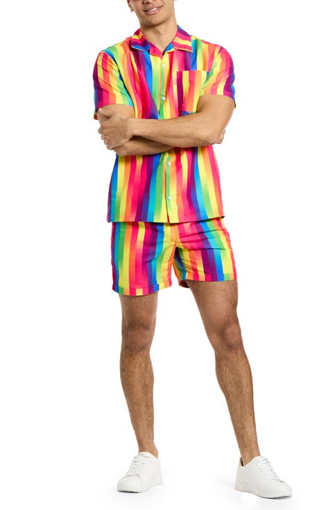 Rainbow Stripe Camp Shirt & Drawstring Shorts Set