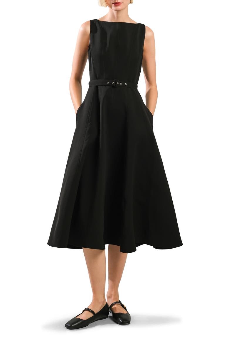 Seamed Sleeveless Belted Fit & Flare Dress, Main, color, BLACK