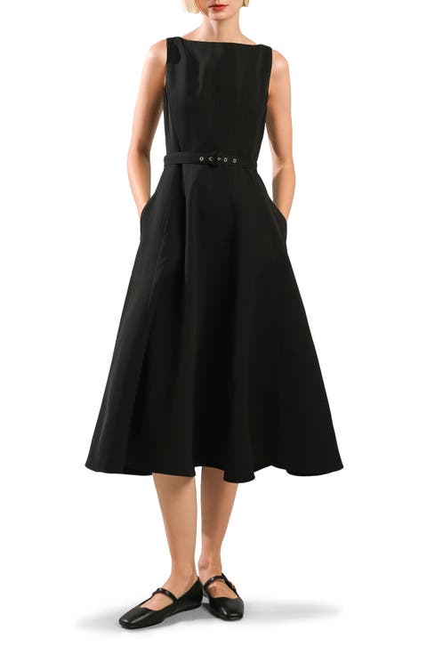 Seamed Sleeveless Belted Fit & Flare Dress