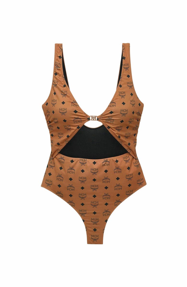 MCM Monogram Print Swimsuit, Alternate, color, Cognac
