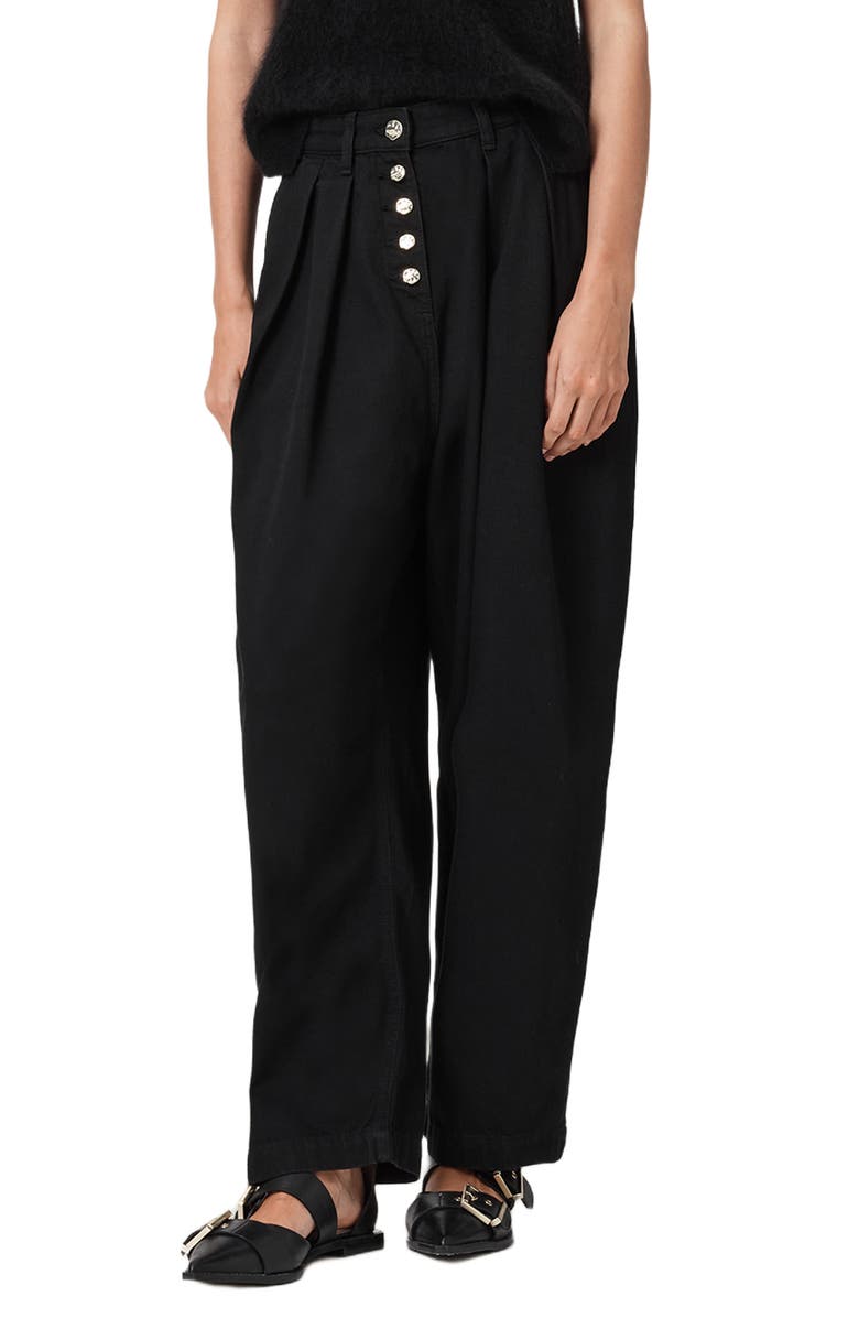 AllSaints Becca Pleated Barrel Leg Denim Jeans, Main, color, Black