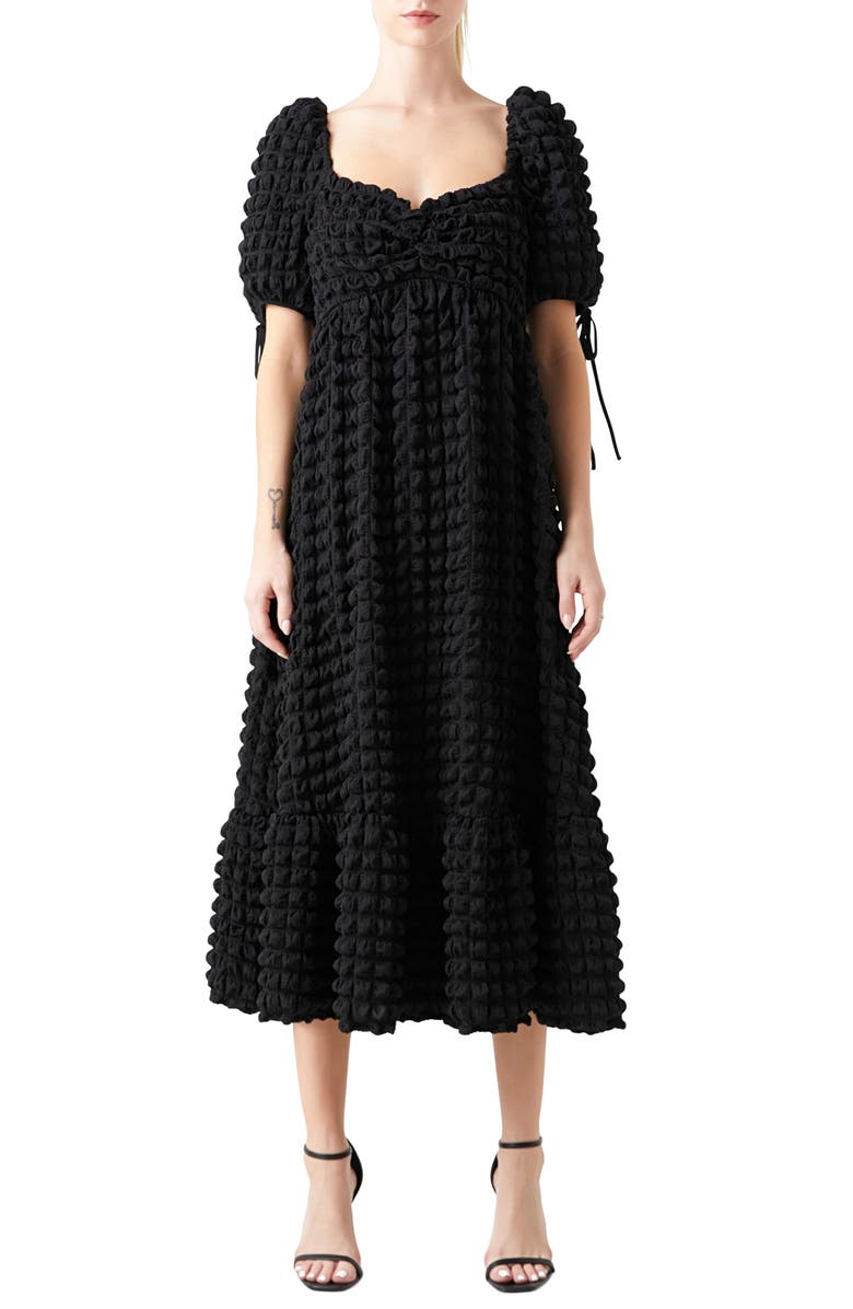 Endless Rose Texture Puff Sleeve Maxi Dress, Main, color, Black