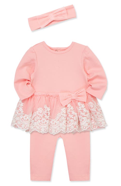 Little Me Embroidered Tulle Tunic, Leggings & Headband Set In Pink