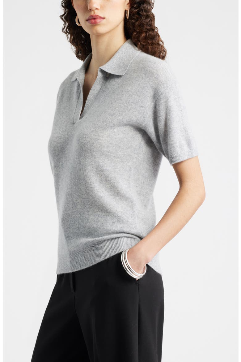 Cashmere Johnny Collar Short Sleeve Sweater, Alternate, color, GREY SILK HEATHER