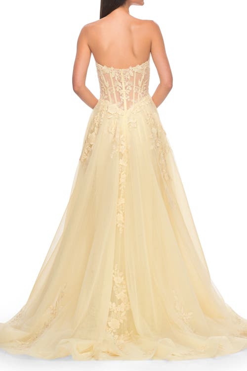 La Femme Sweetheart Strapless Gown With Beautiful Lace Applique