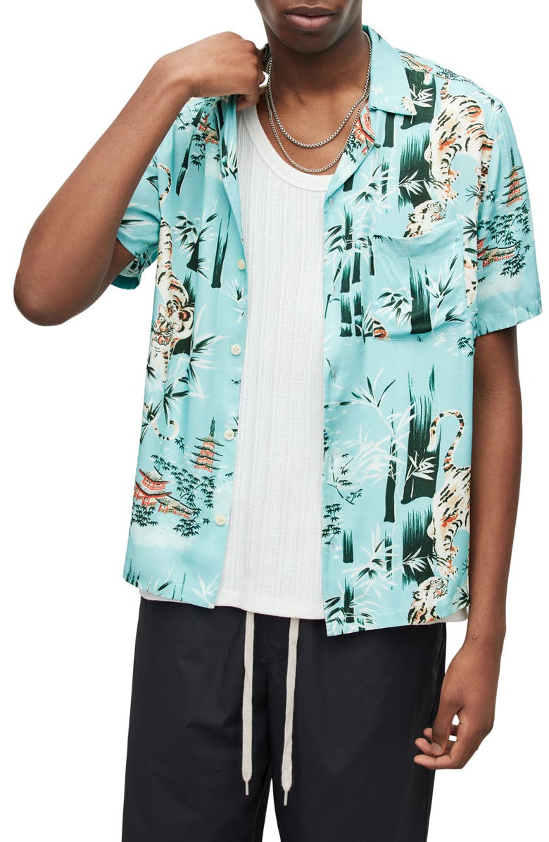 AllSaints Tagise Relaxed Fit Tiger Print Short Sleeve Button-Up Shirt, Main, color, 