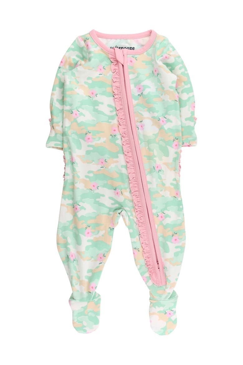 Baby Girls Modal Blend Ruffle One Piece Footie Pajamas, Main, color, Sage Blossom Camo