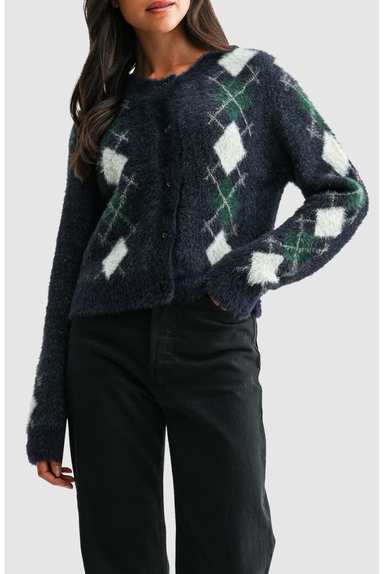Argyle Fuzzy Cardigan, Main, color, NAVY GREEN CREAM