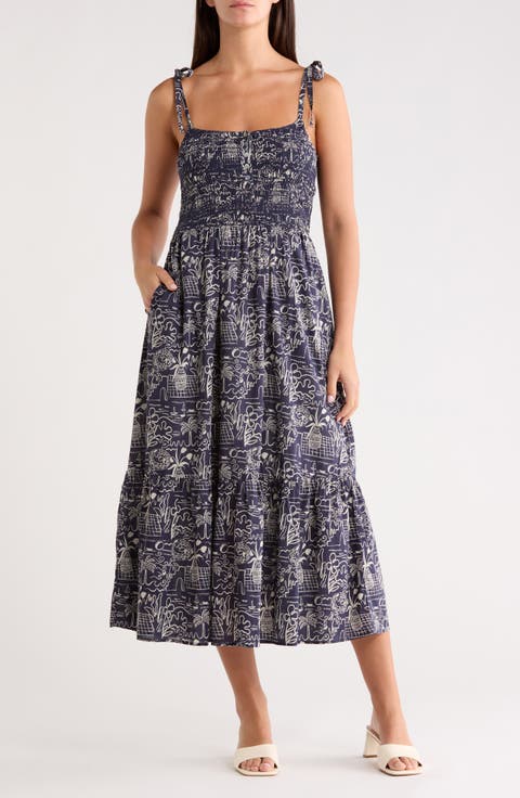 Carmen Tie Strap Smocked Cotton Blend Sundress