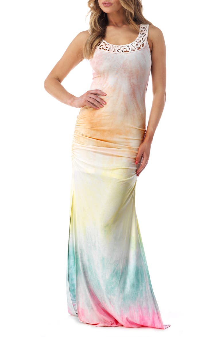 Ruched Tie Dye Sleeveless Maxi Dress, Main, color, MULTI COLOR