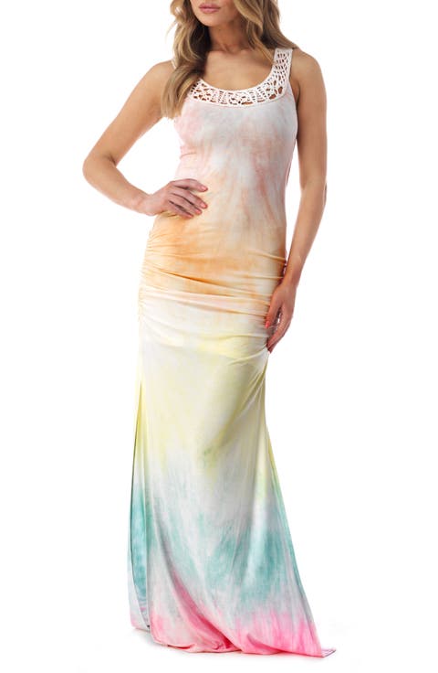 Ruched Tie Dye Sleeveless Maxi Dress