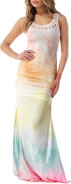 Sky Ruched Tie Dye Sleeveless Maxi Dress
