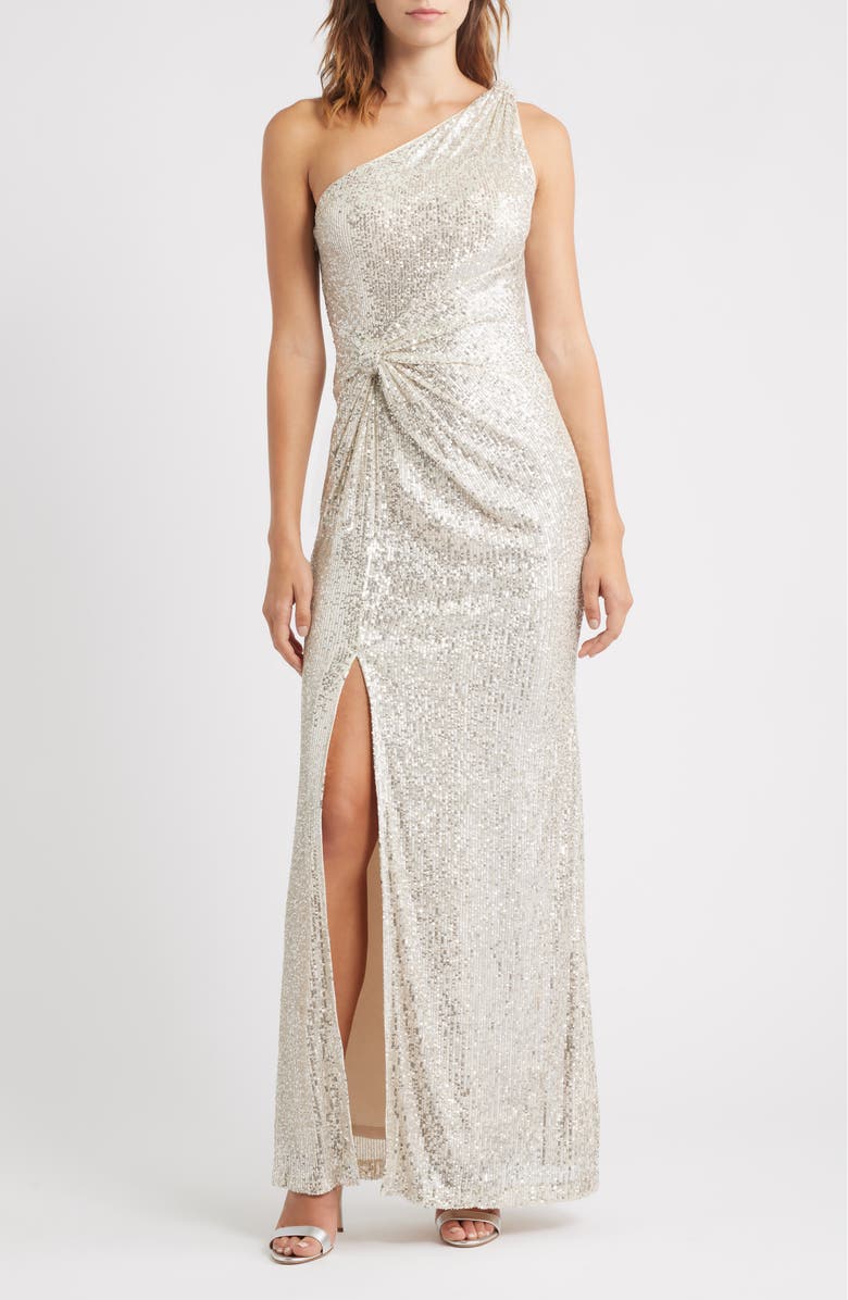 Eliza J Sequin One-Shoulder Sheath Gown, Main, color, Silver