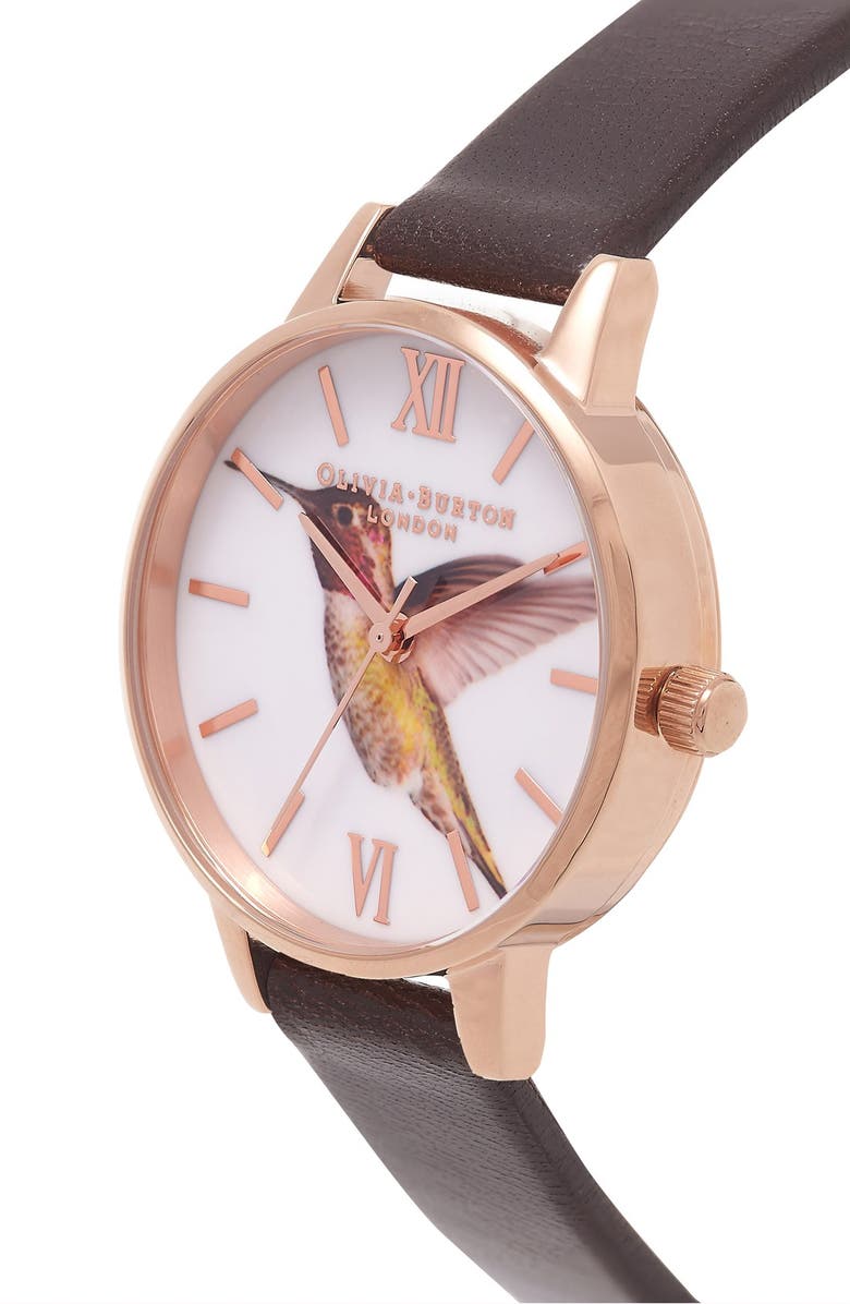 Olivia Burton 'Woodland Hummingbird' Leather Strap Watch, 30mm, Alternate, color,