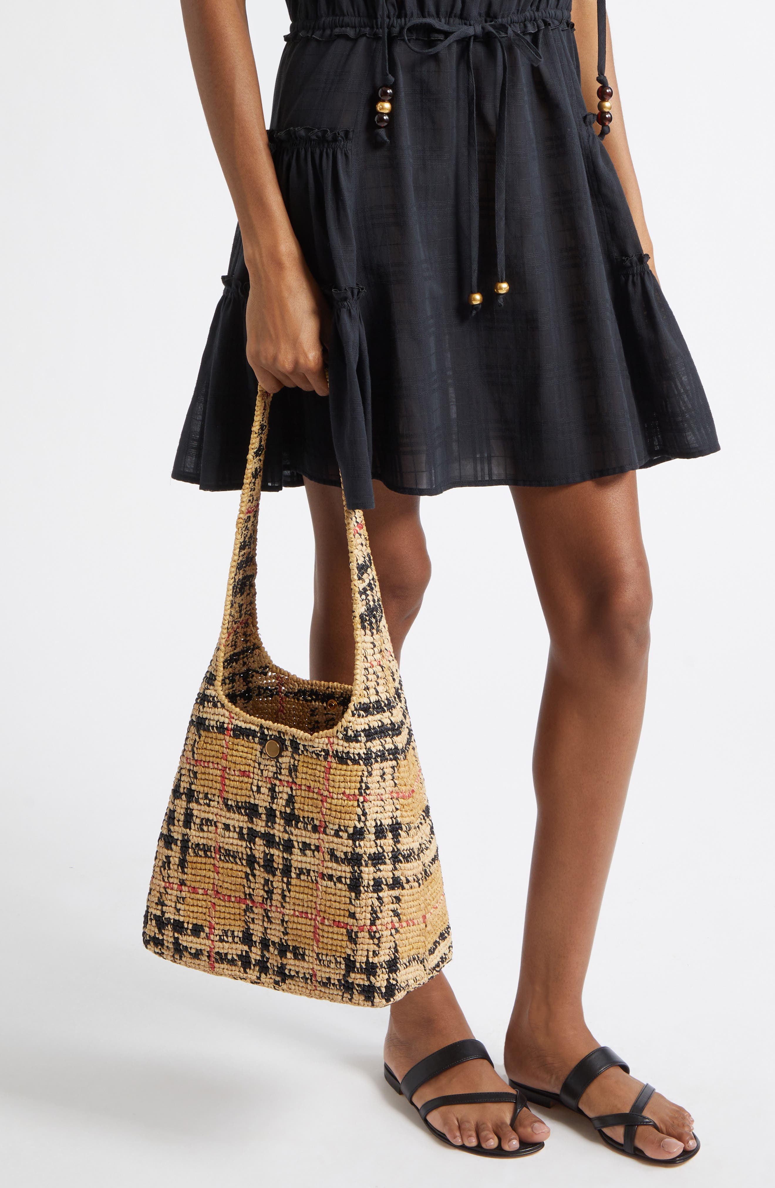 Burberry Small Margate Check Raffia Hobo Bag, Alternate, color, 