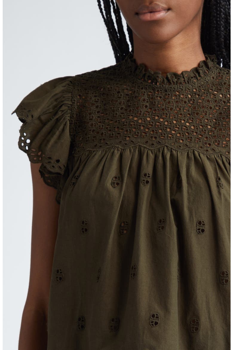 Kassi Eyelet Flutter Sleeve Cotton Top, Alternate, color, MILITAIRE
