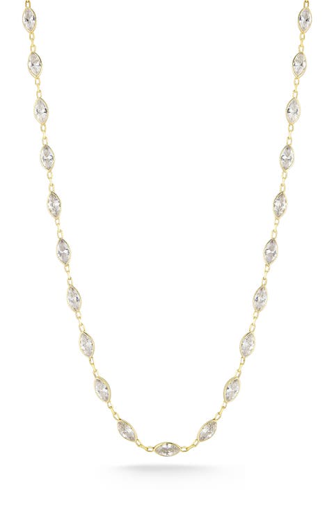14K Yellow Gold Plated Sterling Silver Marquise CZ Station Choker Necklace