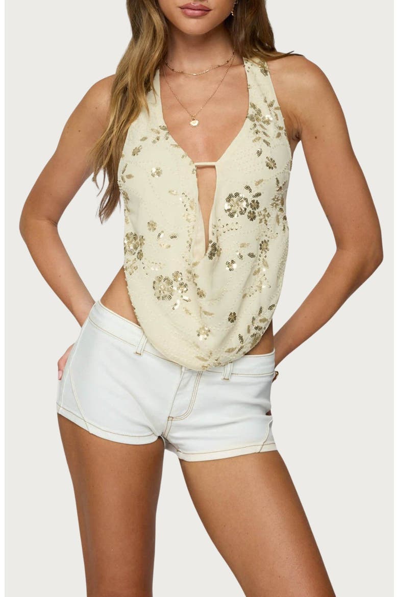 Beaded Cowl Neck Open Back Halter Top, Main, color, CREAM