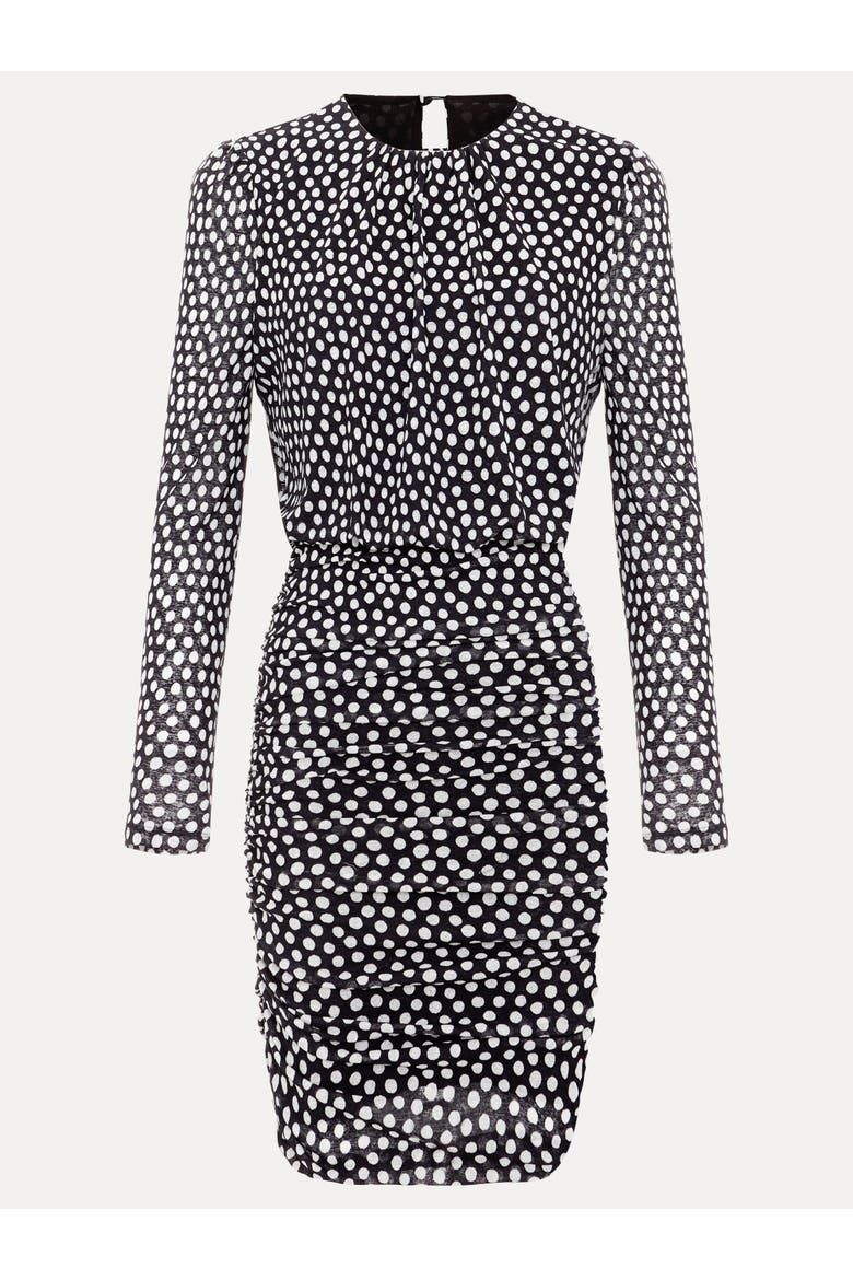 Teodroa Ruched Polka Dot Mini Dress, Alternate, color, Black