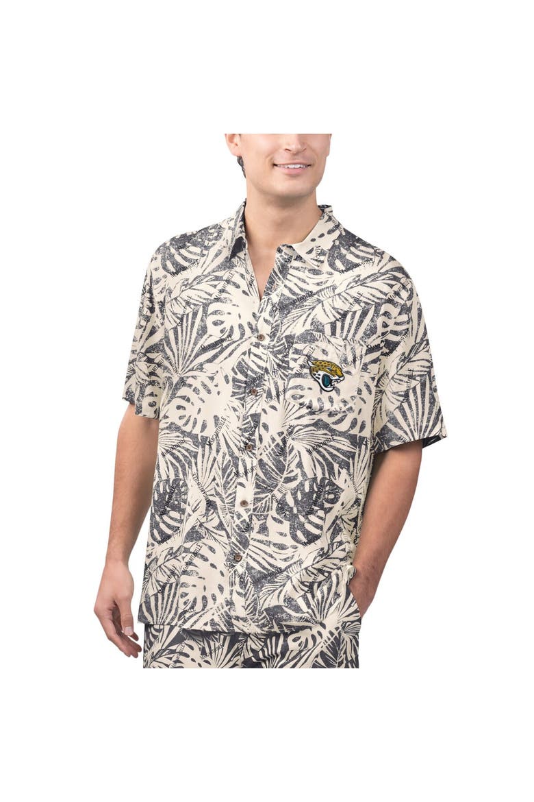 Men's Margaritaville Tan Jacksonville Jaguars Sand Washed Monstera Print Party Button-Up Shirt, Main, color, Cream