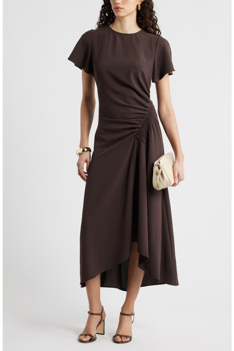 Split Sleeve Side Smocked Midi Dress, Main, color, BROWN COFFEE