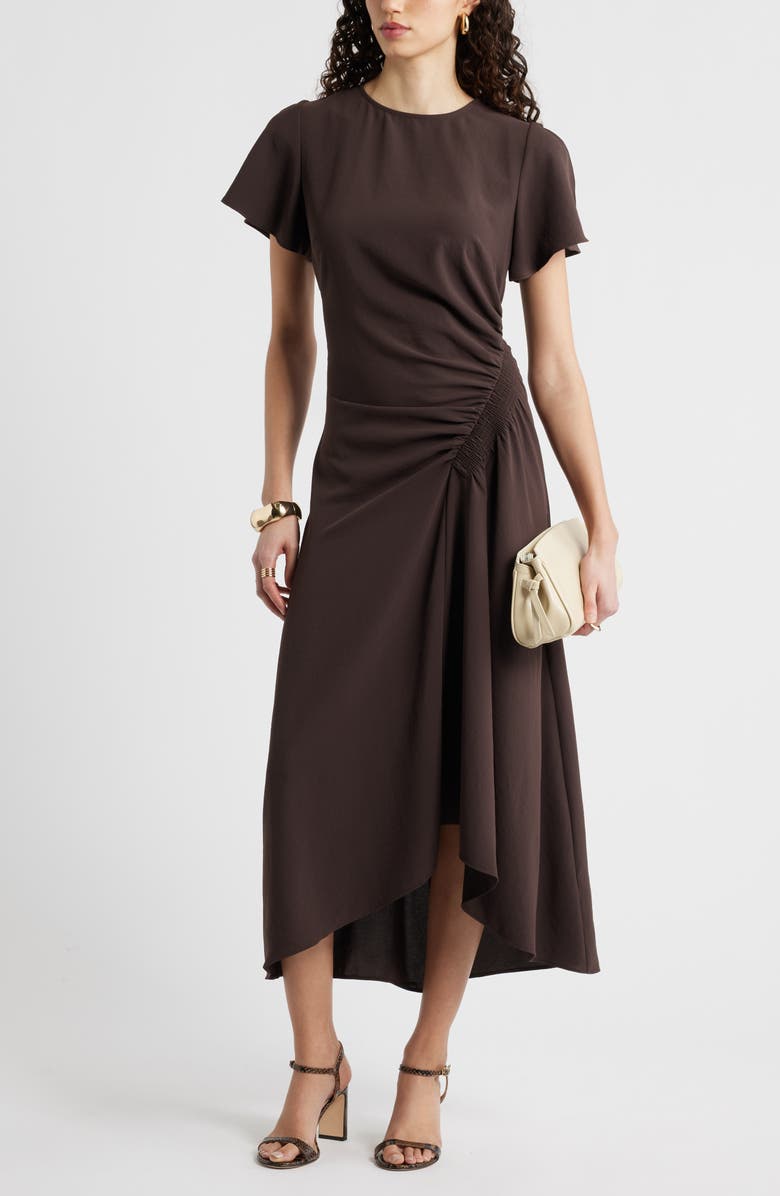 Nordstrom Split Sleeve Side Smocked Midi Dress, Main, color, Brown Coffee