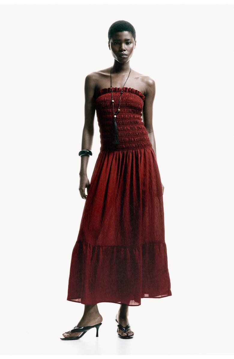H&M Smocked Bandeau Dress, Alternate, color, Dark Red