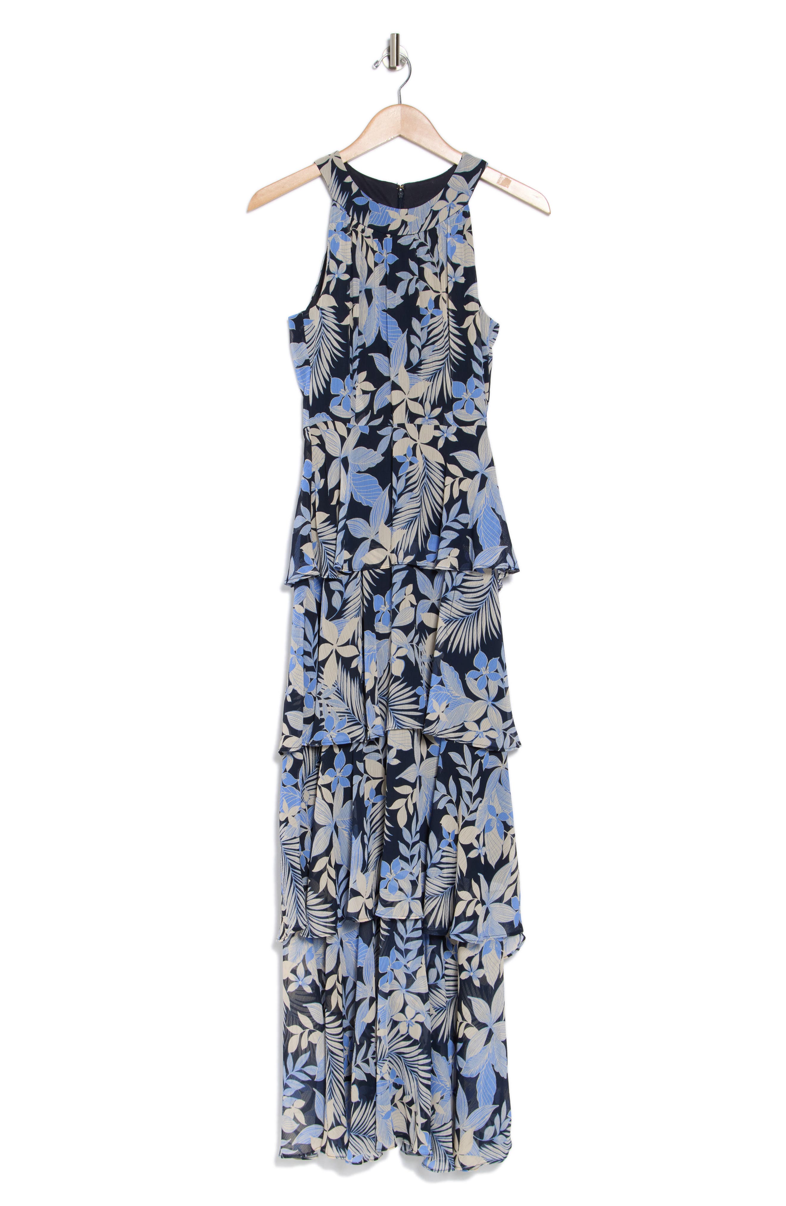blue floral sleeveless chiffon tiered midi dress Floral Meta Chiffon Tiered Halter Midi Dress In Blue Multi, Blue Multi / Regular / M