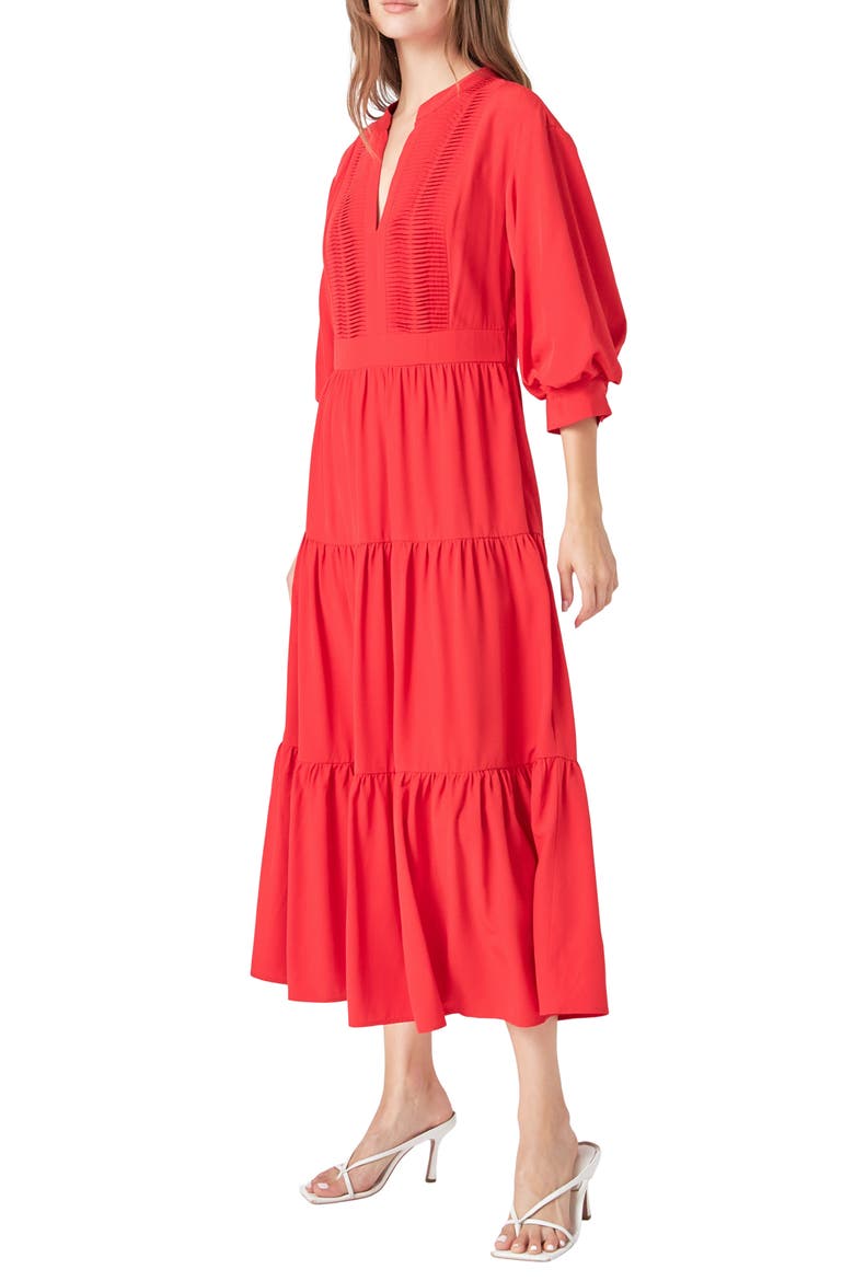 Pintuck Three-Quarter Sleeve Midi Dress, Alternate, color, RED