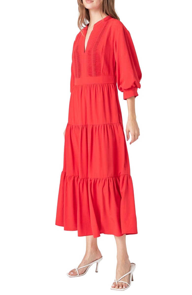 Endless Rose Pintuck Three-Quarter Sleeve Midi Dress, Alternate, color, Red