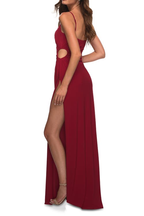 La Femme Cross Back Satin Jersey Trumpet Gown In Deep Red