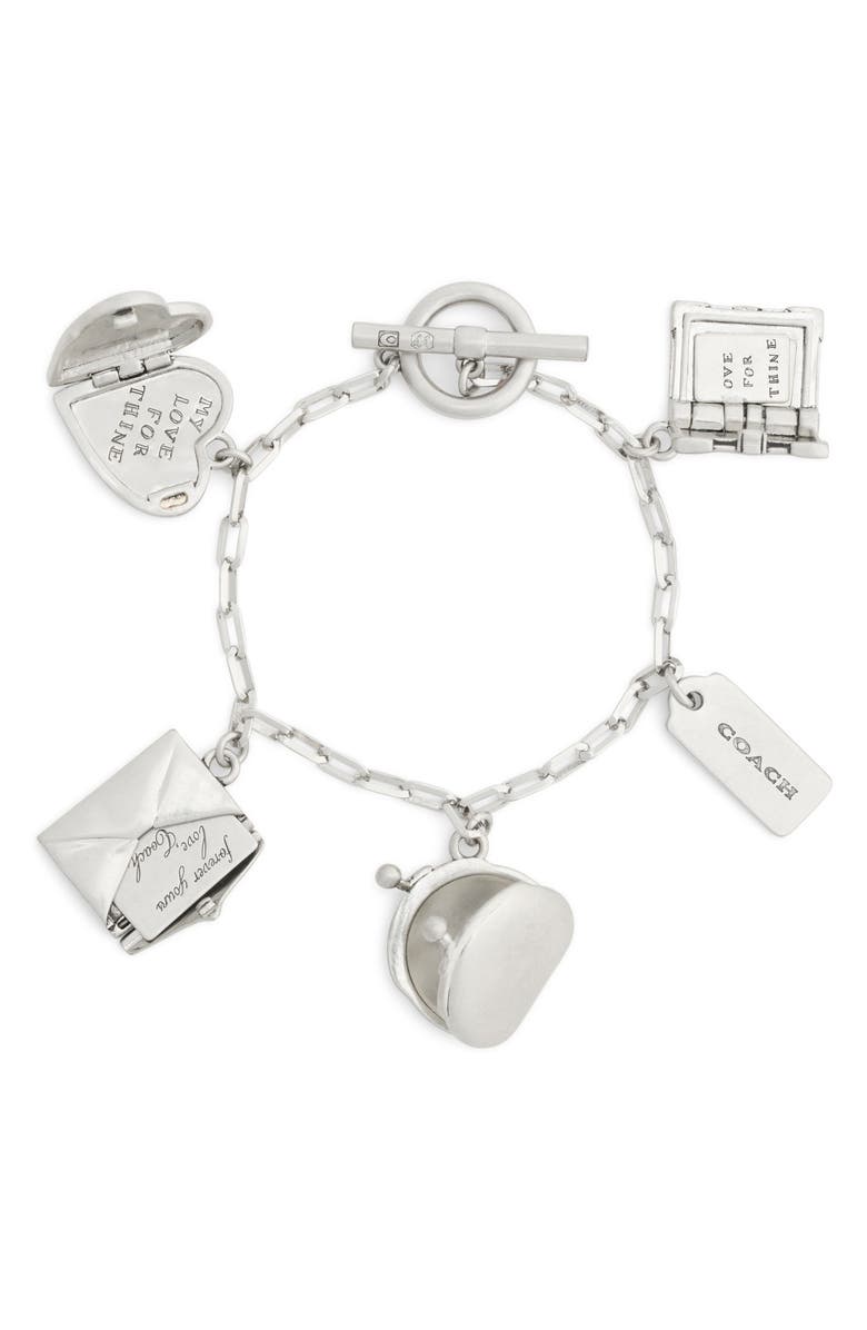 COACH Heart & Book Charm Bracelet, Alternate, color, Antique Silver