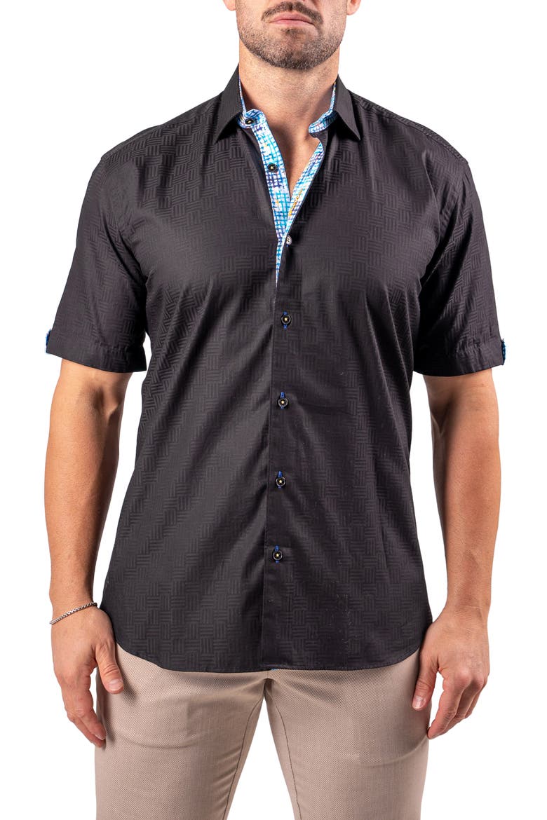 Galileo Resistance0144 Black Geo Jacquard Short Sleeve Cotton Button-Up Shirt, Main, color, BLACK