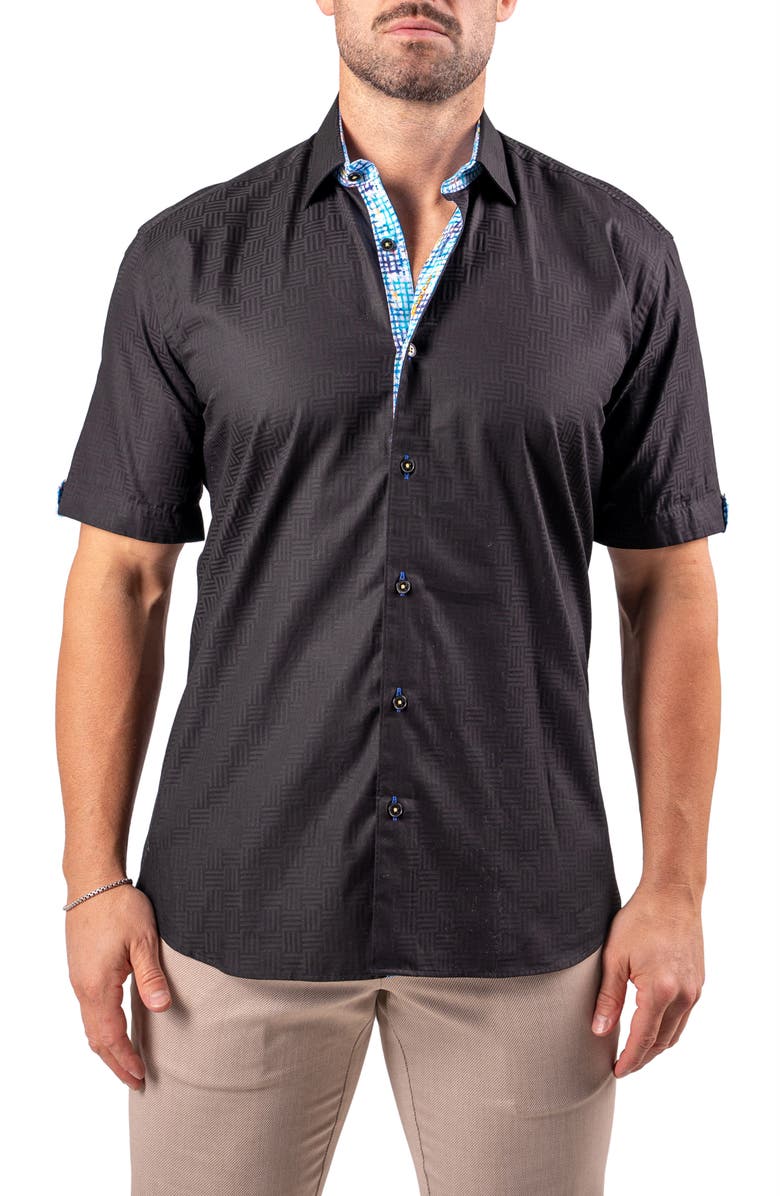 Maceoo Galileo Resistance0144 Black Geo Jacquard Short Sleeve Cotton Button-Up Shirt, Main, color, Black