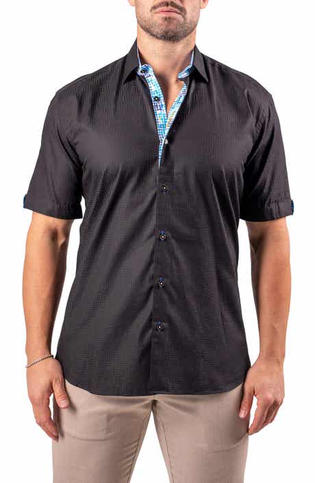 Maceoo Galileo Resistance0144 Black Geo Jacquard Short Sleeve Cotton Button-Up Shirt