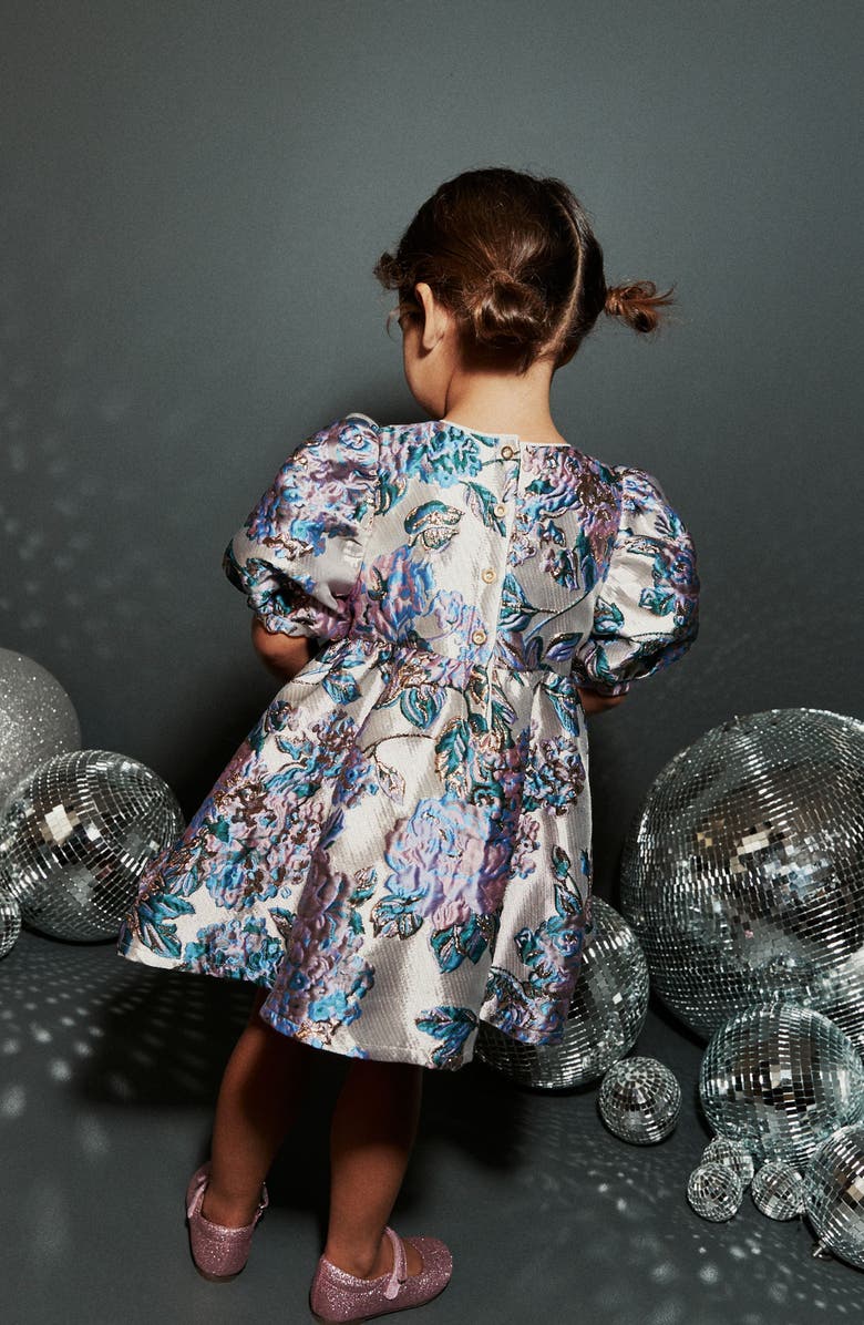 NEXT Kids' Floral Metallic Jacquard Puff Sleeve Dress, Alternate, color, 