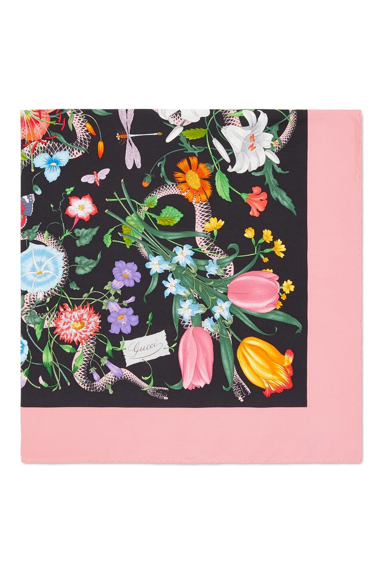 Flora Snake Print Silk Twill Scarf, Alternate, color, BLACK/ PINK