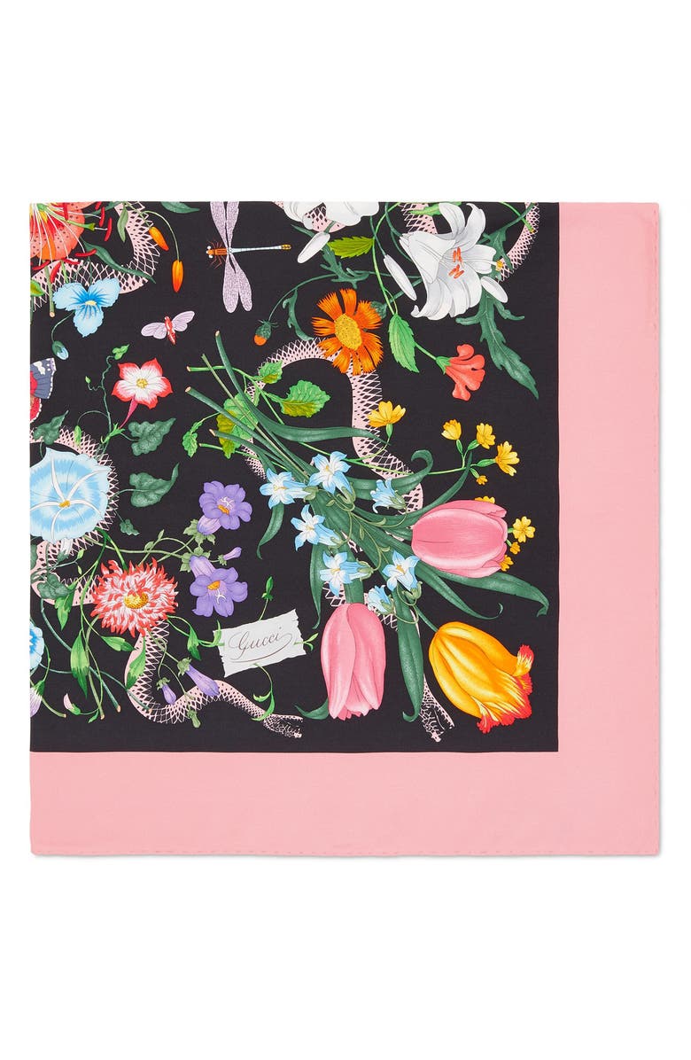 Gucci Flora Snake Print Silk Twill Scarf, Alternate, color, 
