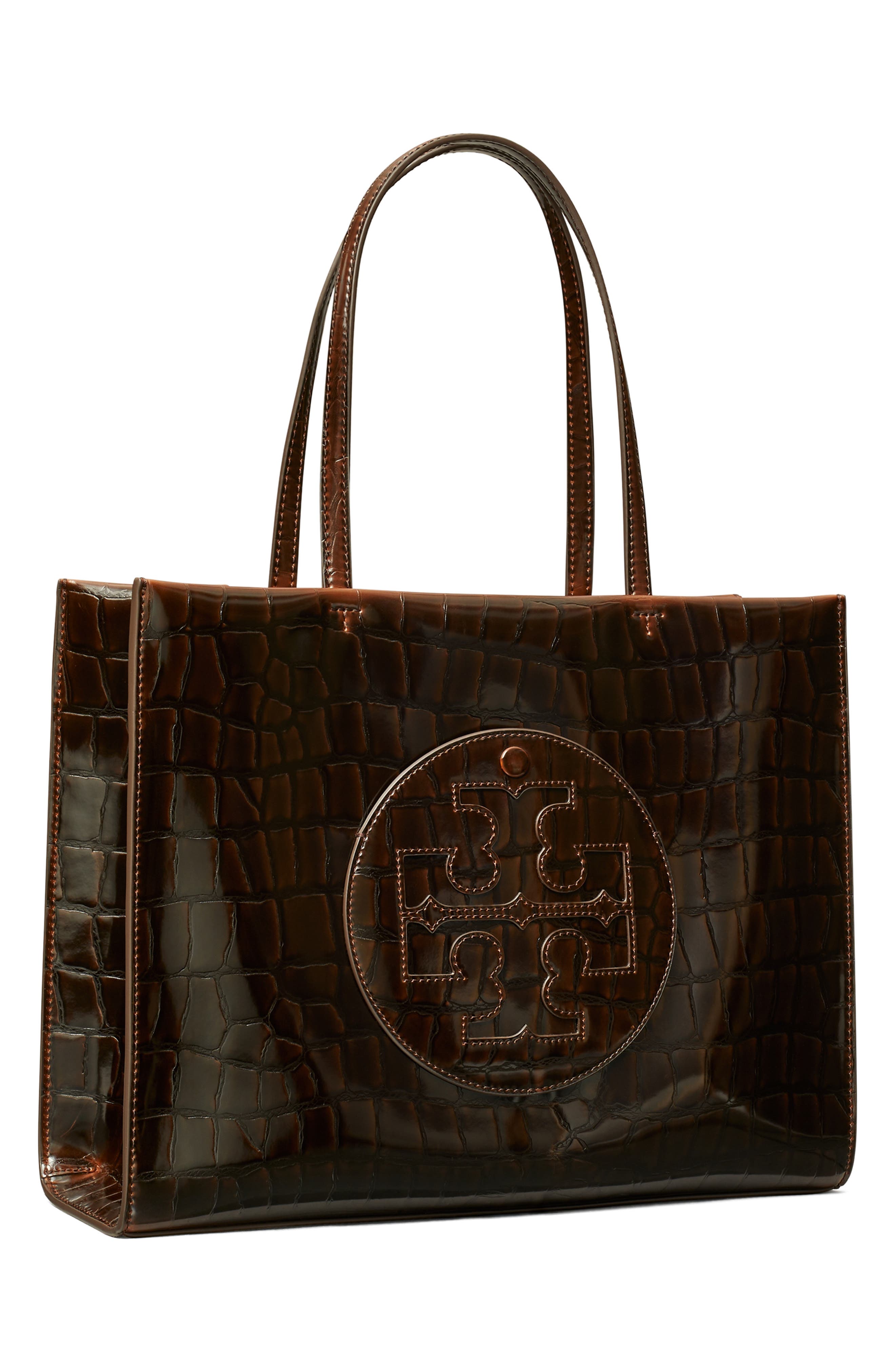 Small Ella Croc Embossed Leather Tote, Alternate, color, BROWN