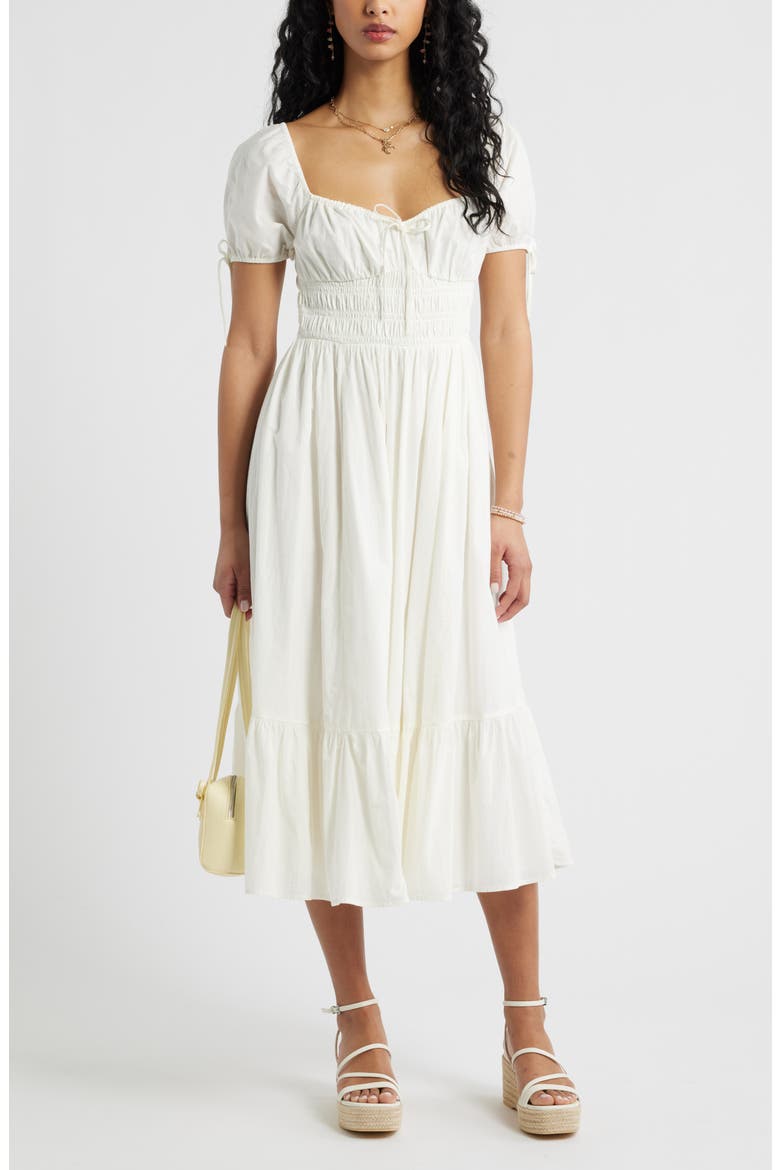 Puff Sleeve Cotton Midi Dress, Main, color, IVORY