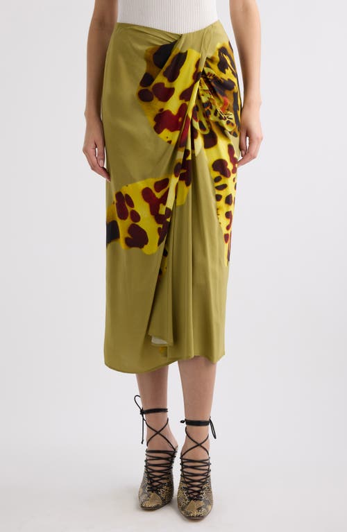 Dries Van Noten Gathered Printed Wrap-effect Satin Midi Skirt In Ocra