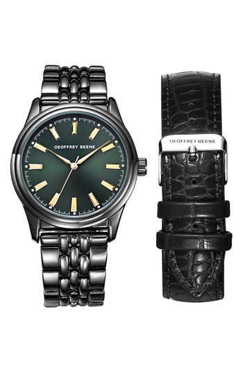 Geoffrey Beene Ez Change Bracelet Strap & Leather Strap Watch, 41mm In Black
