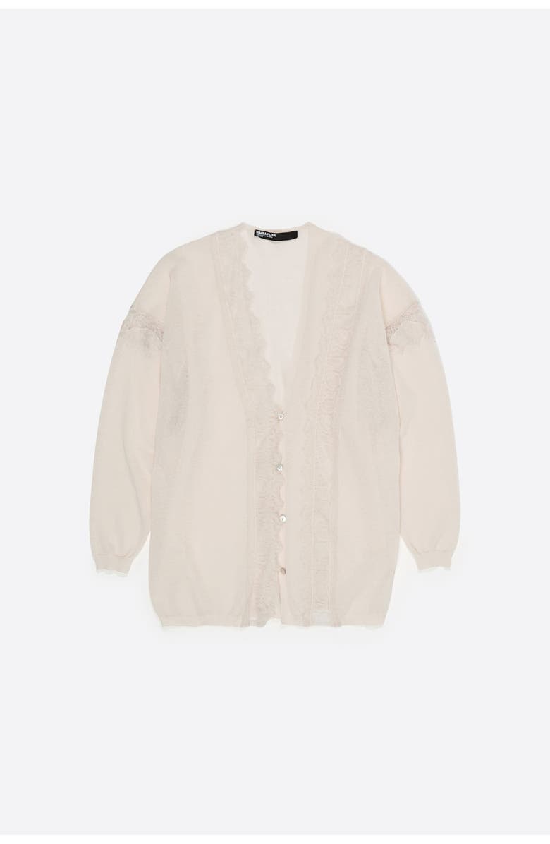 Bimba y Lola Long Cotton and Linen Cardigan With Lace Trim, Alternate, color, Sand