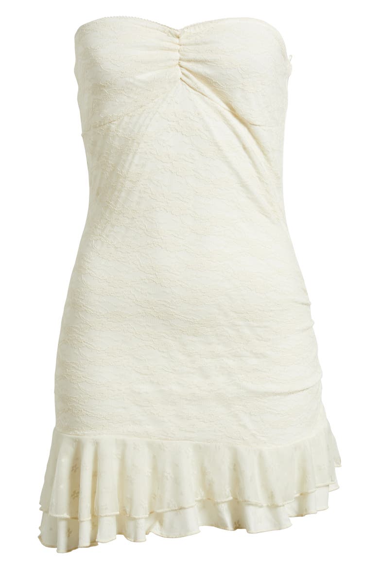 Lace Asymmetric Ruffle Strapless Minidress, Alternate, color, CREAM